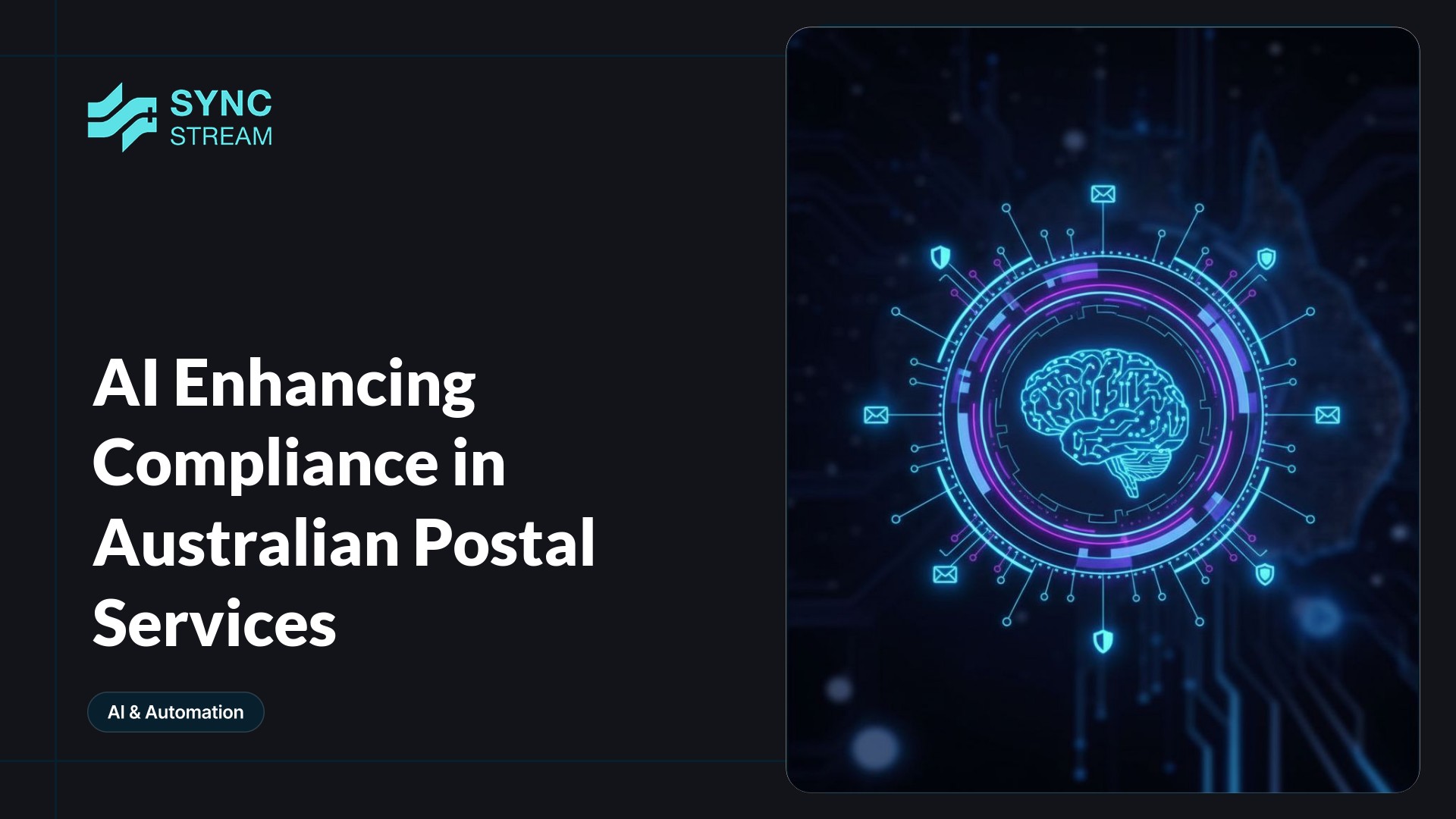 Neon circuit-style central graphic merging an envelope with an AI chip, glowing electric blue and magenta on a dark background.