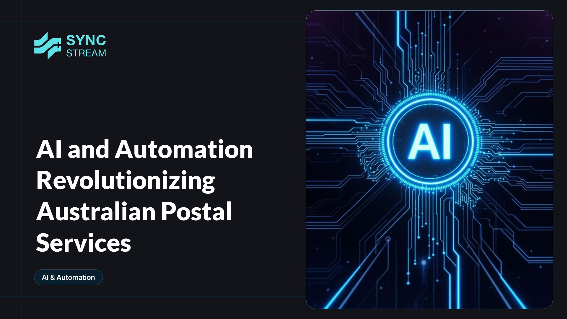 Neon circuit-style icon of a glowing envelope with circuit traces and a robotic arm delivering a parcel.