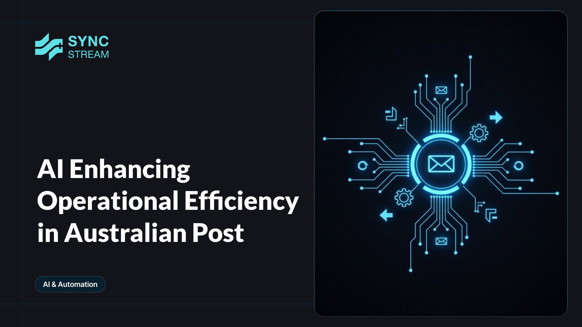 Minimal neon circuit-style image of a single glowing envelope centered amid blue and magenta circuit traces with a small gear and robotic arm motif, symbolizing AI improving Australian postal operations.