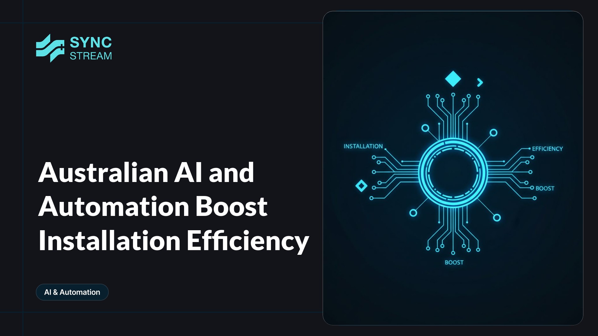 Centered neon circuit graphic of a stylized robotic arm and gear formed from glowing blue and magenta traces on a dark background, minimal and futuristic to symbolize AI-driven installation efficiency.