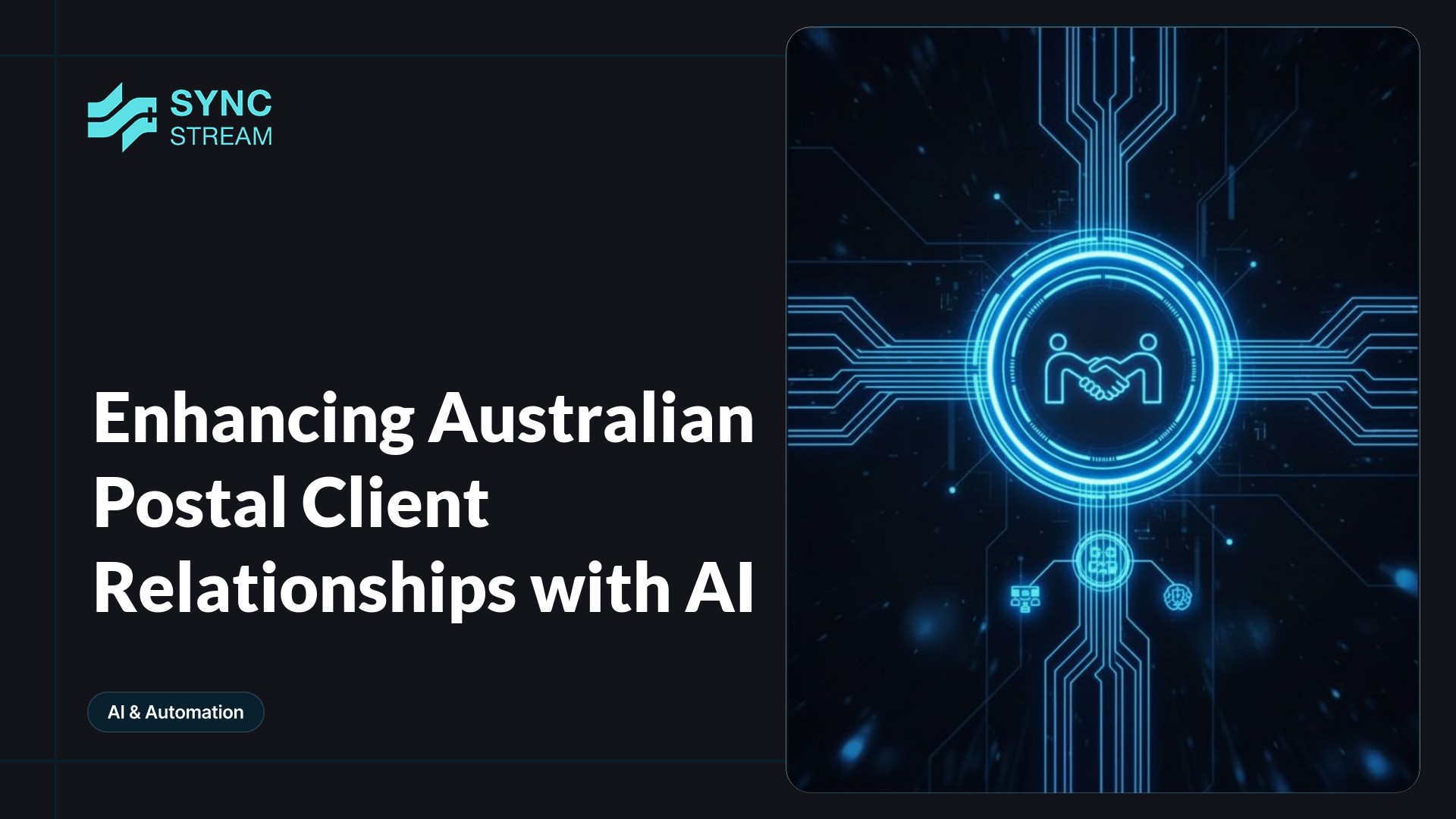 Neon circuit-style central glowing envelope with radial circuit traces and nodes in cyan and magenta on a dark background, evoking AI-enhanced postal client relationships.