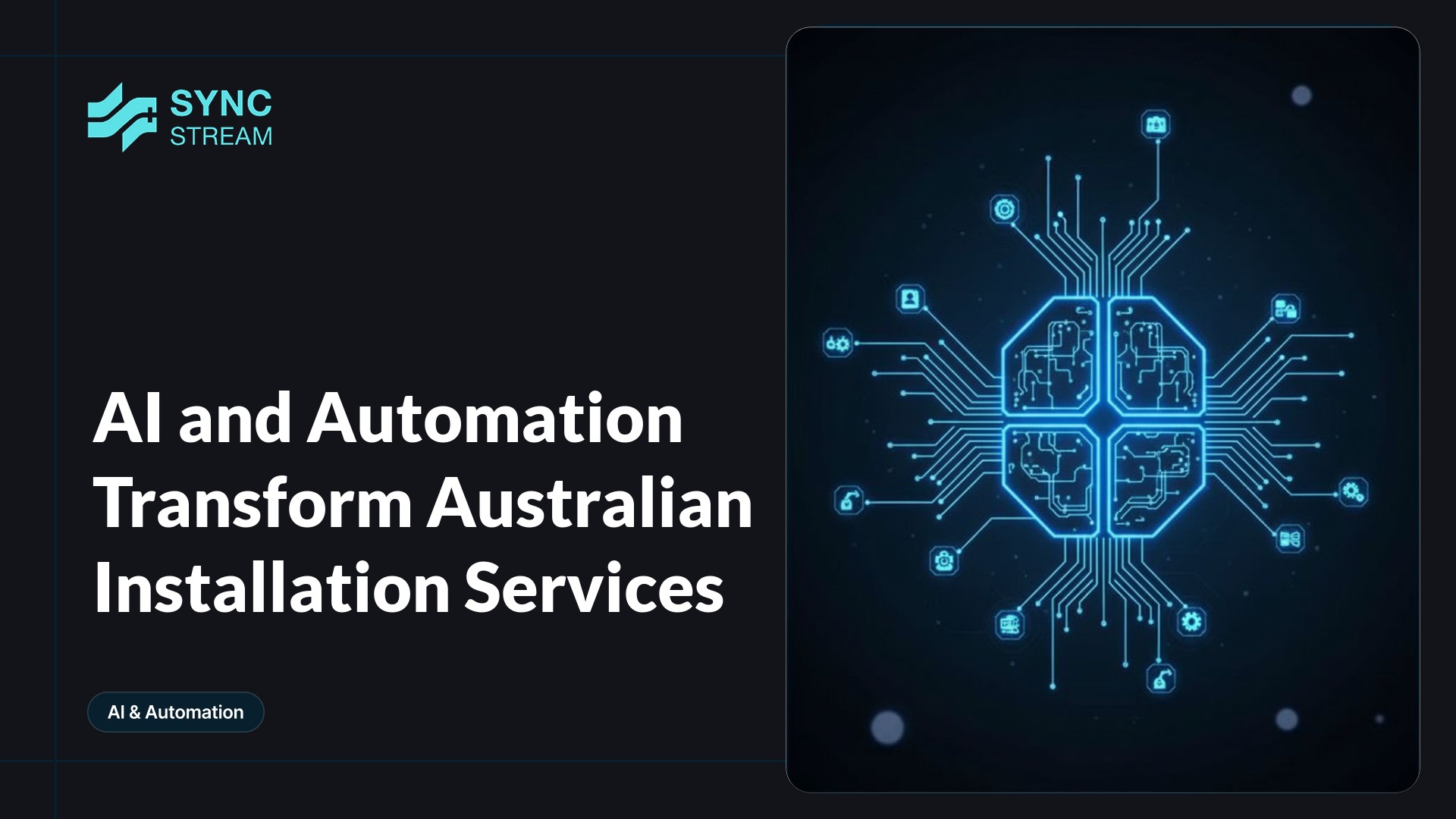 Minimal neon circuit graphic: a central glowing AI-style circuit "brain" with radiating neon traces connecting to a simple gear and plug symbol on a dark background.