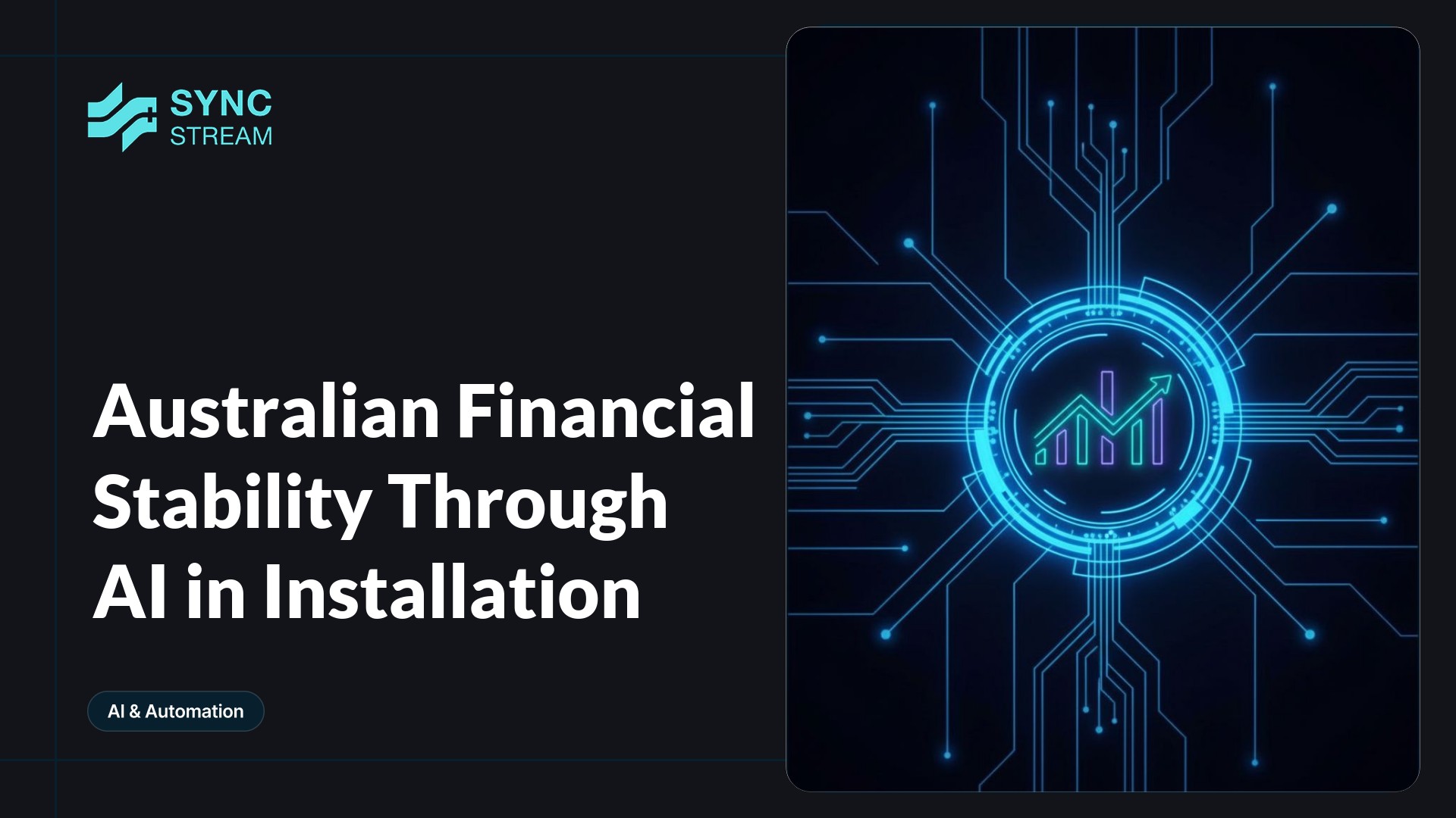 Minimal installation: central neon circuit-brain shaped like a coin, glowing teal and magenta on a dark background, suggesting AI-driven financial stability in Australia.