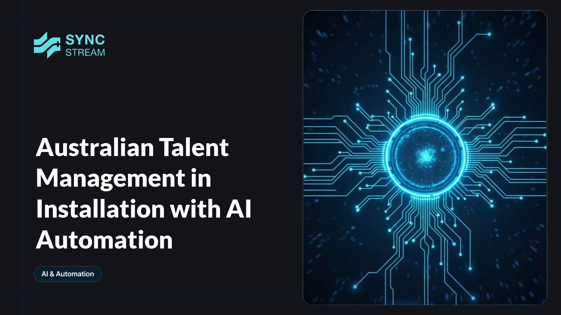 Minimal neon-style graphic showing a single central circuit icon: a stylized human figure linked to a gear and robotic arm on a dark circuit-board background in blue and magenta.