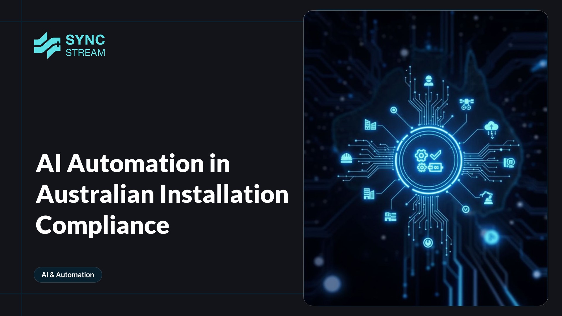 Minimal neon circuit graphic: central AI chip with a small wrench and abstract compliance check, glowing teal and magenta on a dark background.