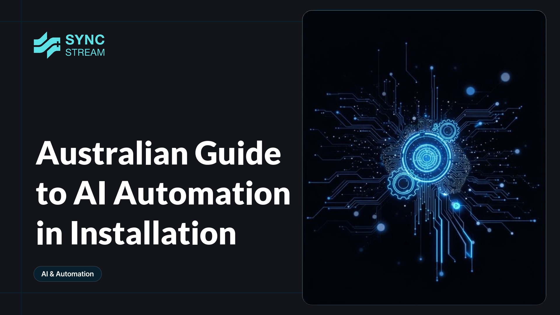 Neon circuit-style gear icon with glowing blue-green traces and a simple robotic arm silhouette on a dark background, minimal and centered.
