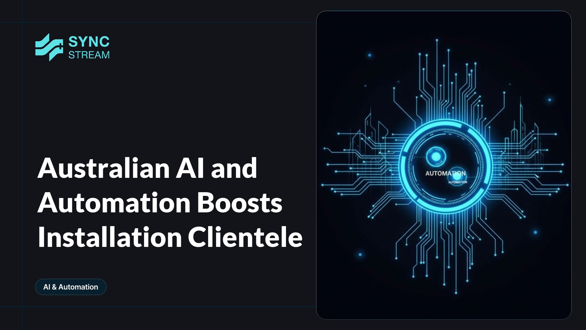 Minimal neon circuit graphic forming an upward trajectory with glowing nodes on a dark background, evoking AI and automation boosting installation clientele.