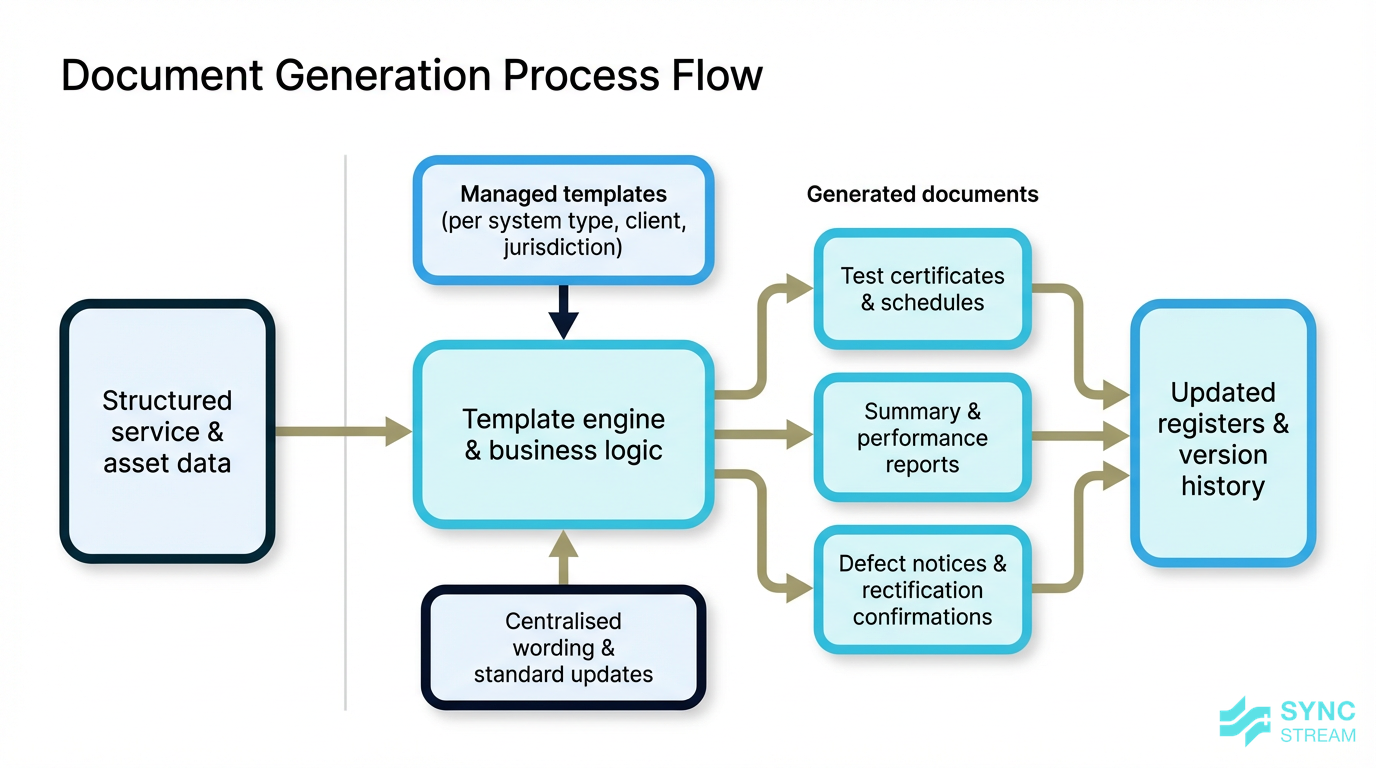 Diagram of how structured data feeds automated certificate and report templates.