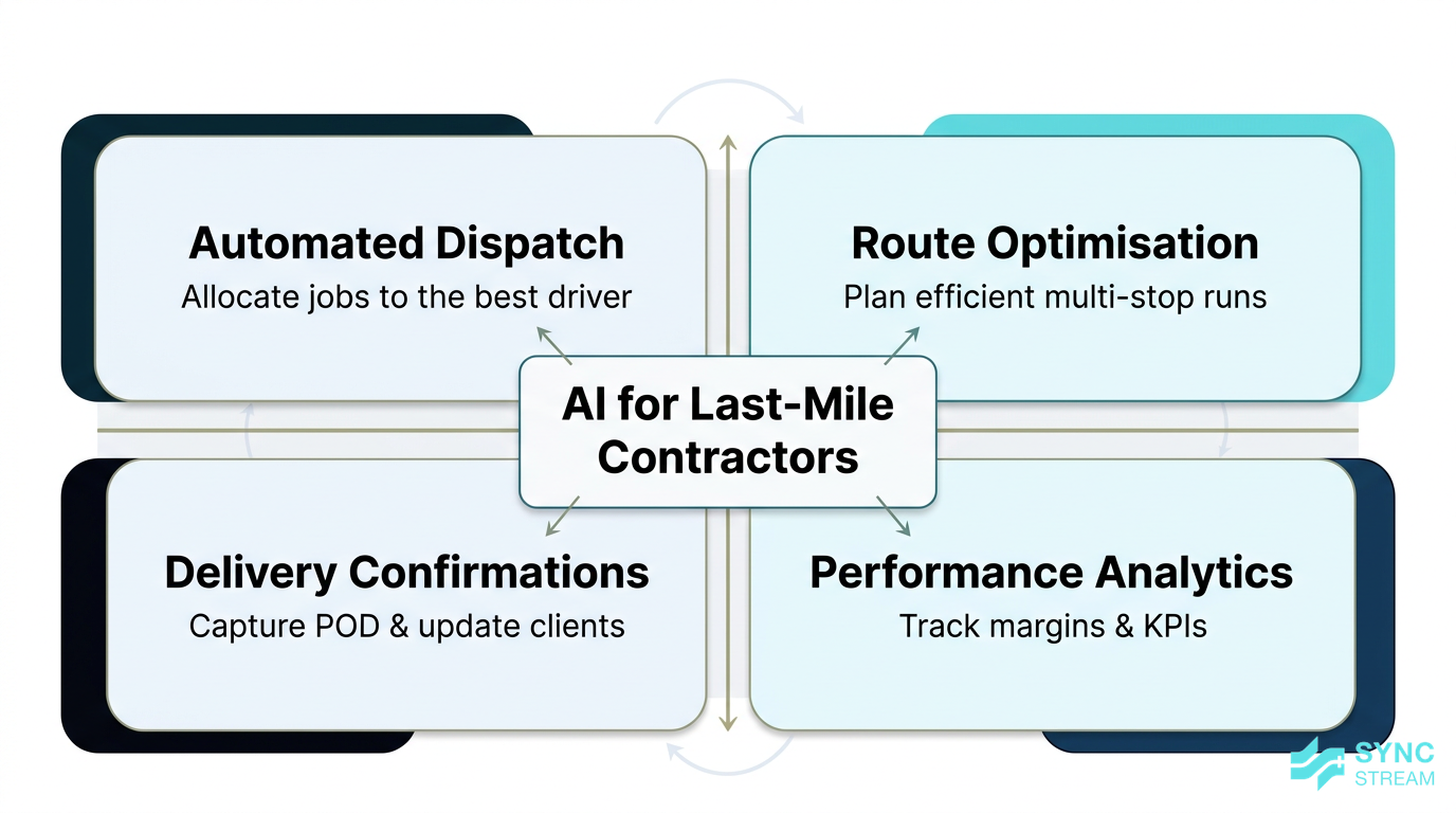 Framework diagram outlining four main AI use cases for last-mile delivery contractors