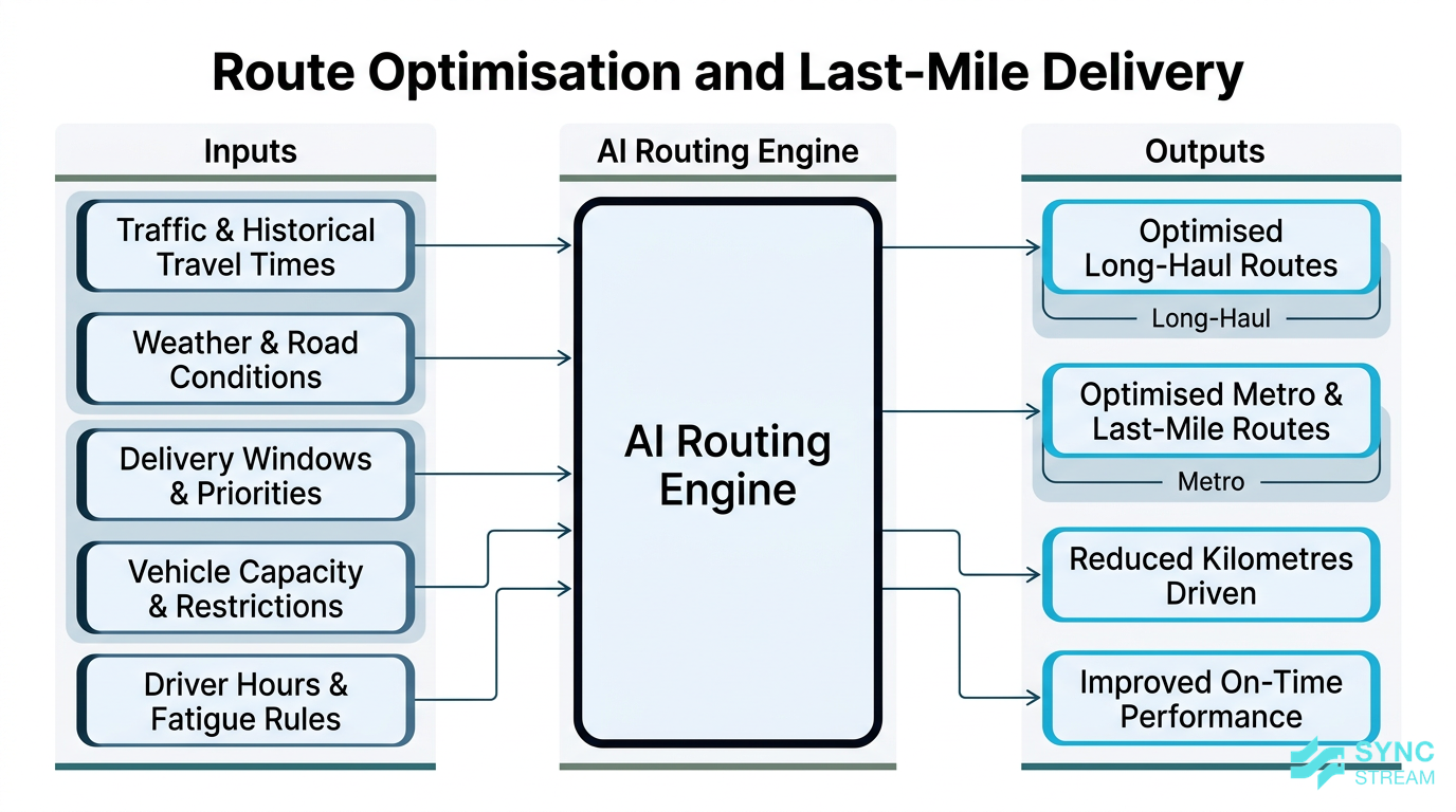 Process diagram of AI-powered route optimisation for long-haul and metro deliveries
