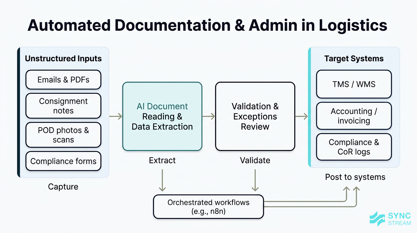 Workflow diagram of AI reading logistics documents and feeding structured data into business systems