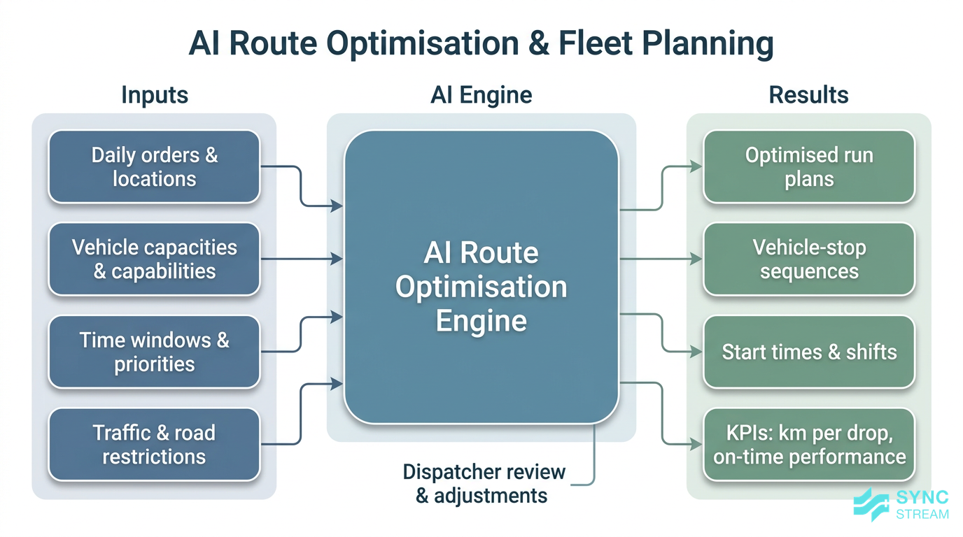 Process diagram of AI route optimisation inputs and outputs for fleet planning