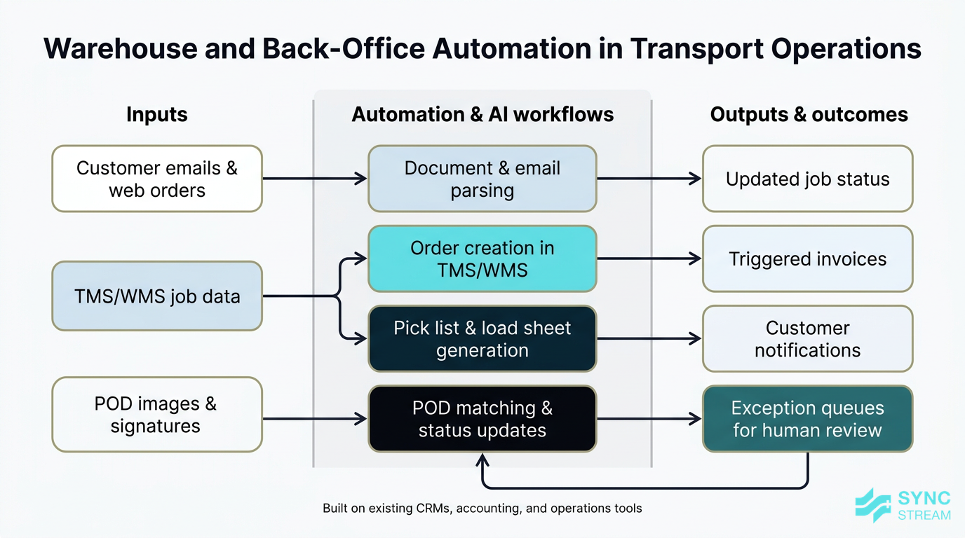 Workflow of AI and automation streamlining warehouse and transport back-office tasks