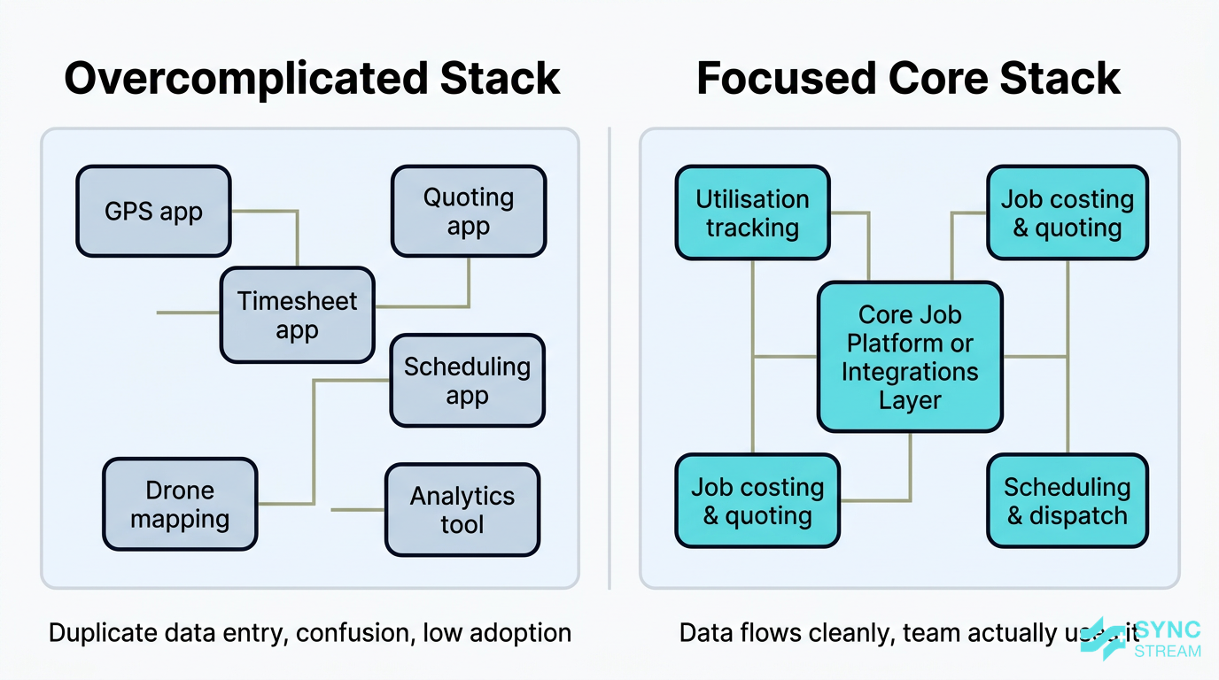 Diagram contrasting a simple integrated AI stack with an overcomplicated collection of unconnected apps