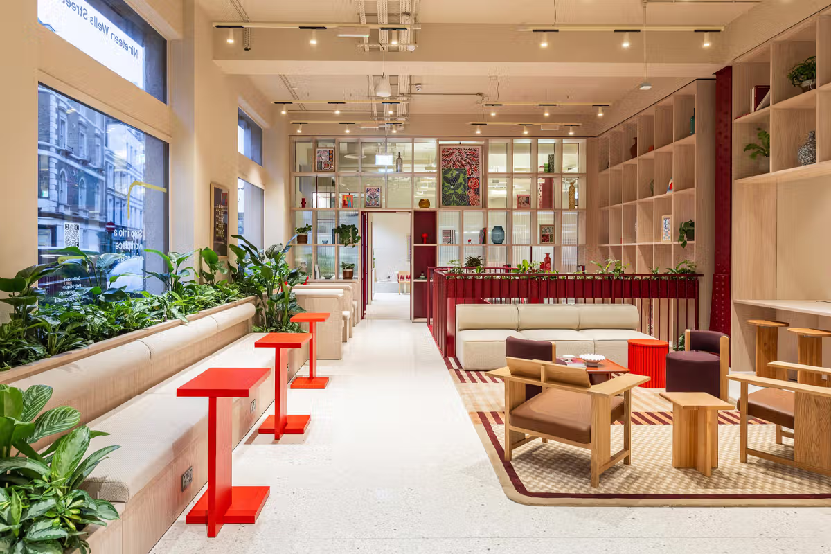 Bespoke laptop tables in lacquered veneer in a lobby setting