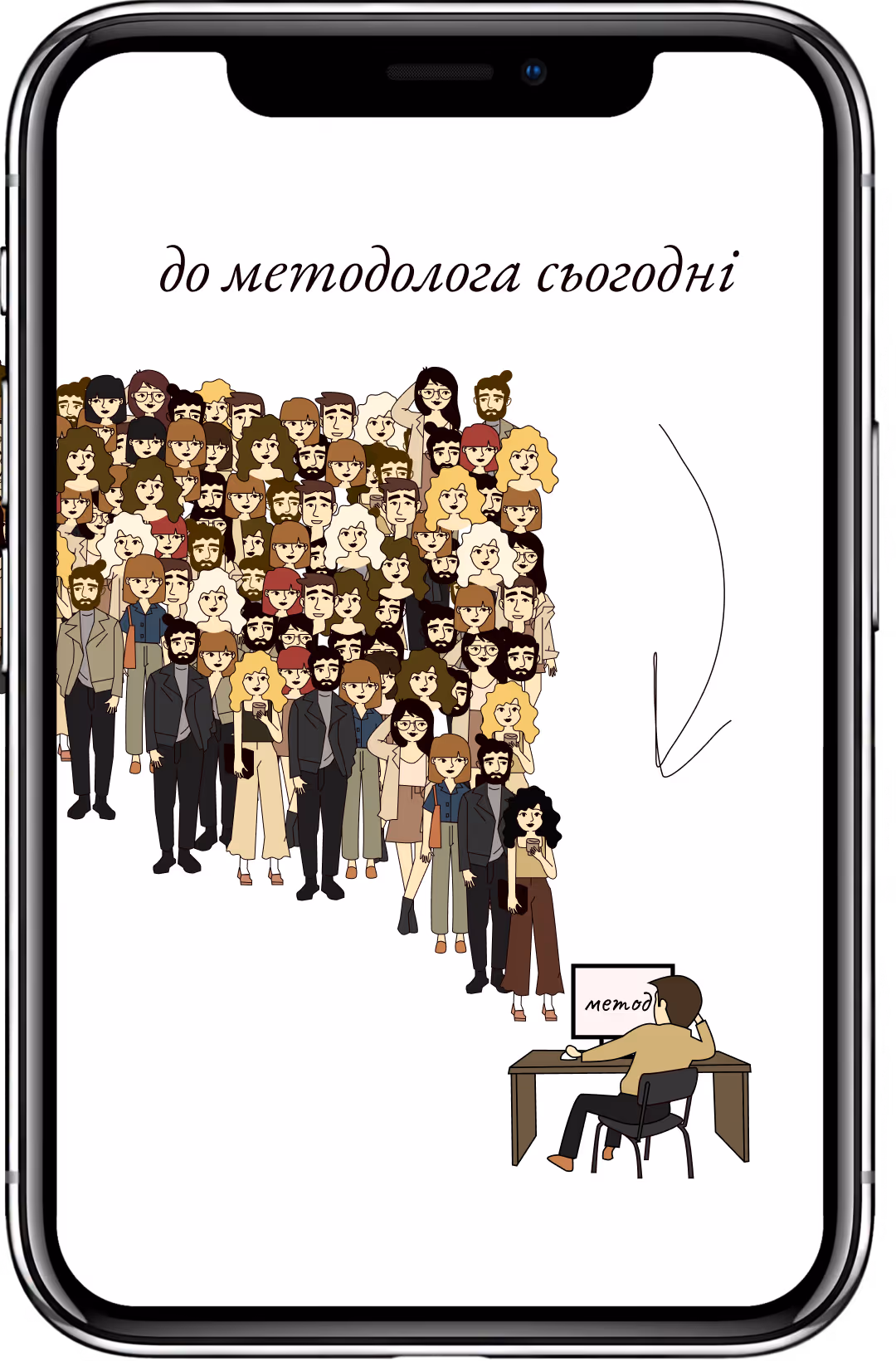 Люди стоять у черзі до методолога, який сидить за комп’ютером із написом 'метод'