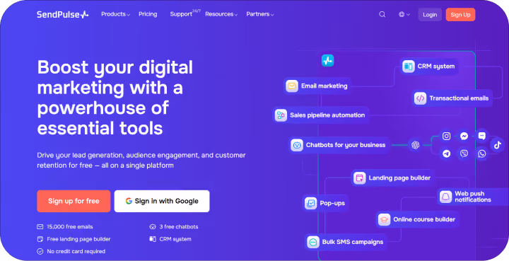 SendPulse website section promoting digital marketing tools including email marketing, CRM system, transactional emails, sales pipeline automation, chatbots, landing page and online course builders, pop-ups, web push notifications, and bulk SMS campaigns, with buttons to sign up for free or sign in with Google.