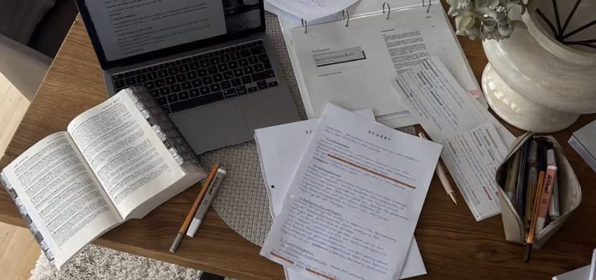 Навчальний стіл із відкритою книжкою, ноутбуком з текстом на екрані, розкиданими паперами з виділеннями, текою з ручками і олівцями, а також великою горщою з квітами.