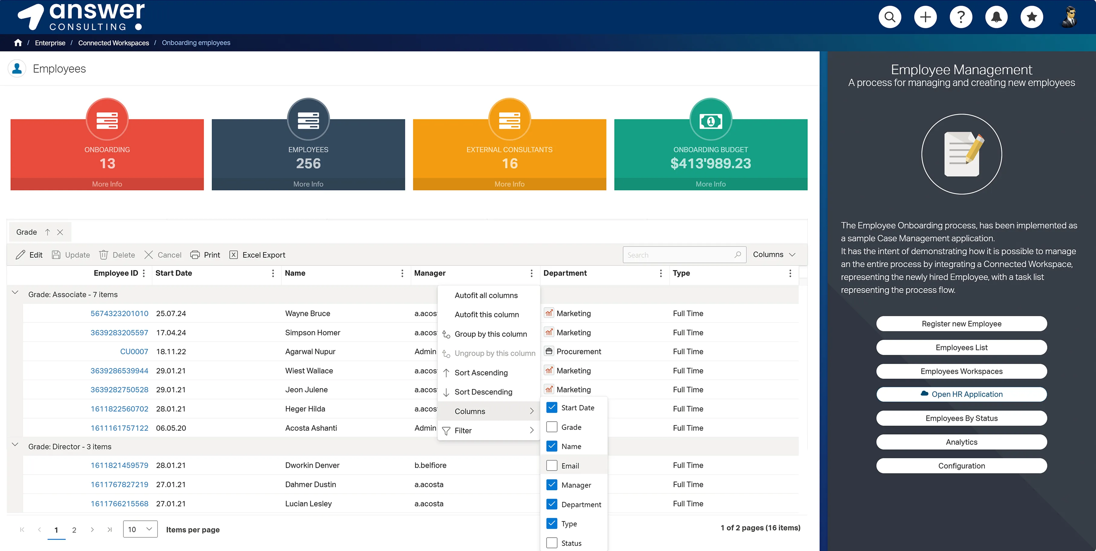 Employee management dashboard showing onboarding metrics, employee counts, and onboarding budget, with a data table of employee records including names, departments, and managers, alongside a sidebar with onboarding actions and navigation options.