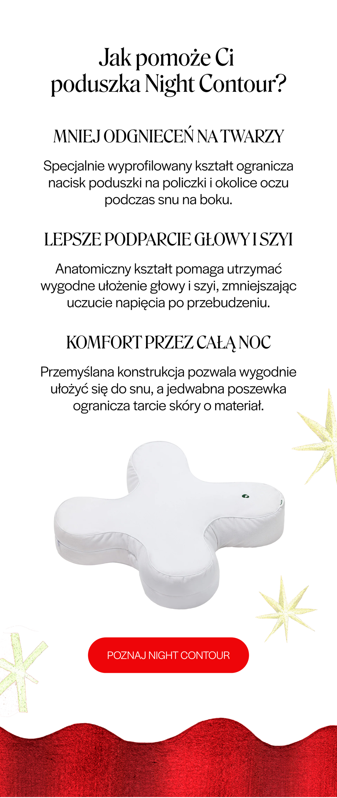 Jak pomoże Ci poduszka Night Contour? Mniej odgnieceń na twarzy, lepsze podparcie głowy i szyi, komfort przez całą noc.