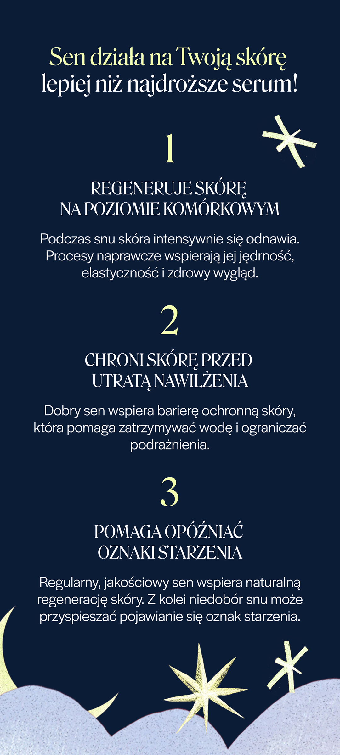 Sen działa na Twoją skórę lepiej niż najdroższe serum: regeneruje skórę, chroni przed utratą nawilżenia, pomaga opóźniać oznaki starzenia.