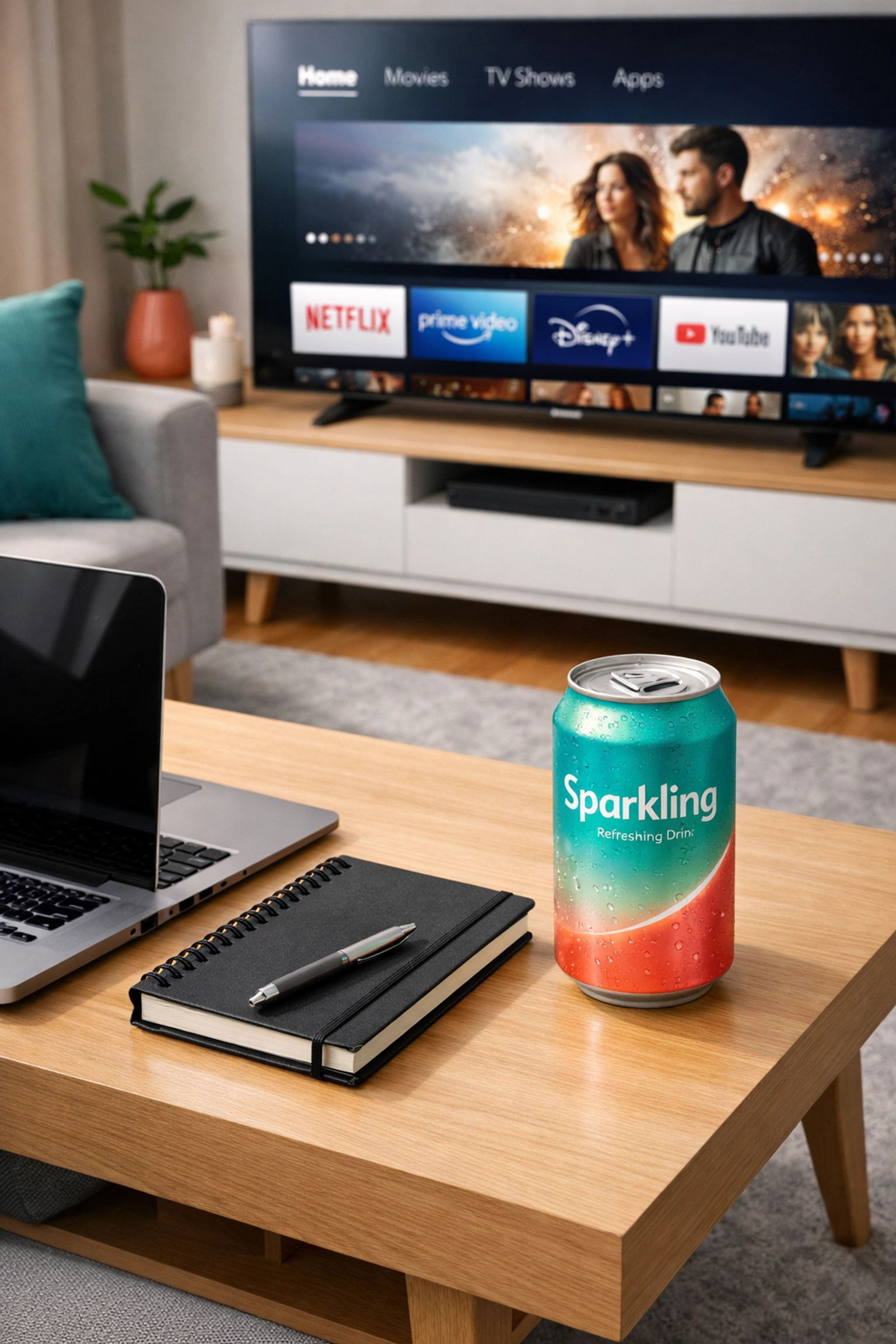 Virtual product placement example showing beverage naturally integrated in living room scene
