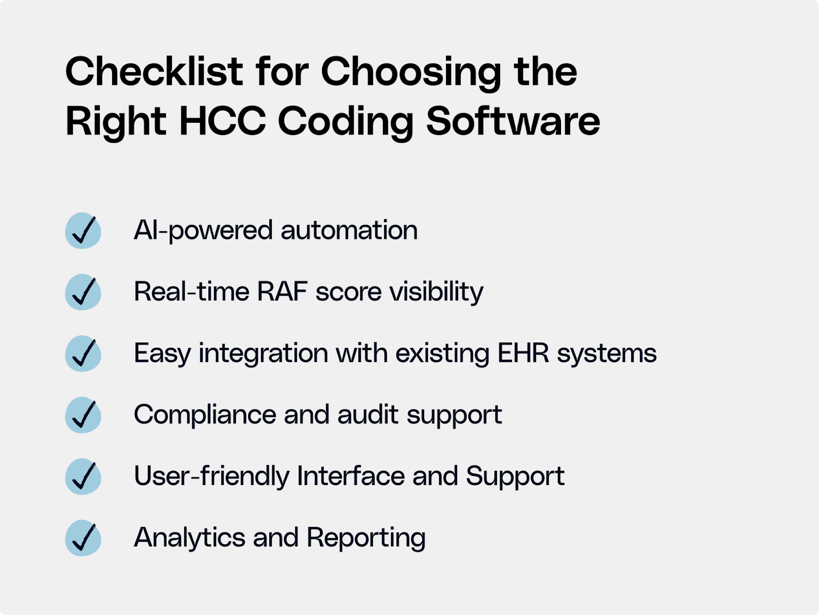 checklist of HCC coding software features including AI-driven coding, EHR integration, compliance, audit readiness, and advanced analytics for accurate RAF scoring.