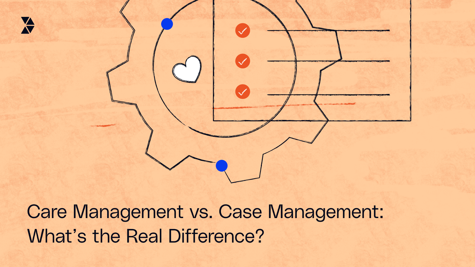 Healthcare illustration with gears and checklist icons representing Care Management vs Case Management and their real differences.