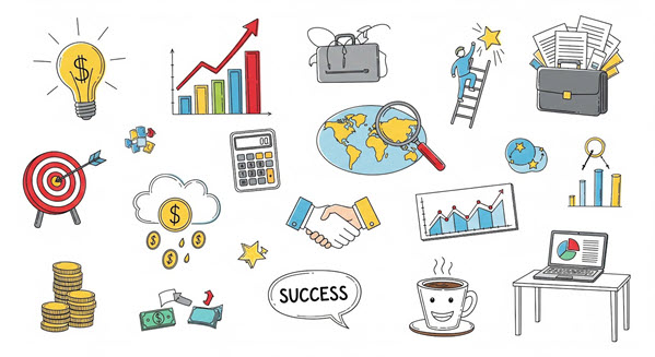 A collection of colorful, sketch-style business icons. Elements include a rising bar chart, a lightbulb with a dollar sign, a handshake, a target with an arrow, a laptop showing analytics, and a speech bubble reading 'SUCCESS'.