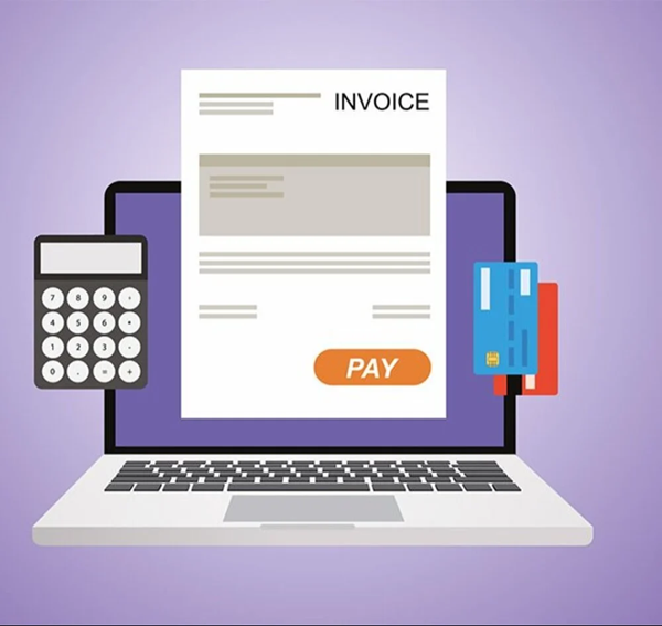 Digital invoice management illustration featuring a laptop, calculator, and credit cards, representing online payment and billing solutions.