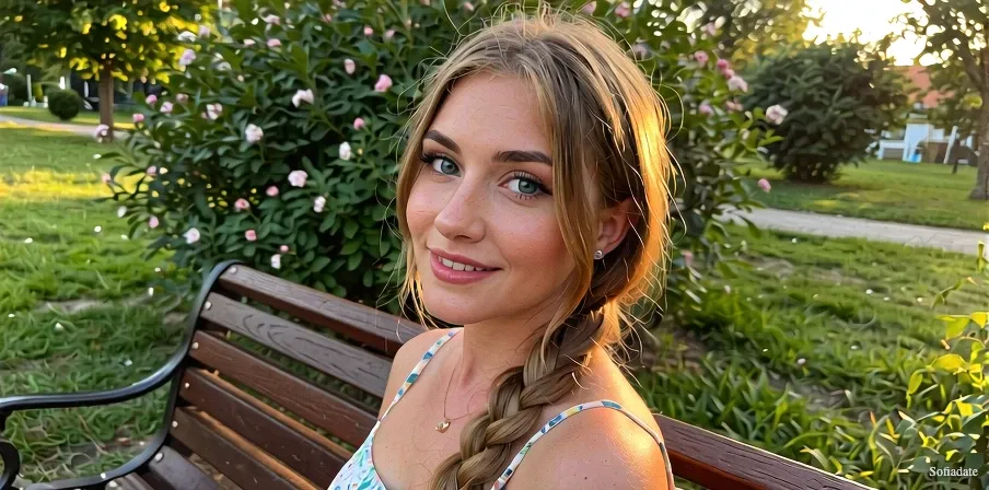 A pretty girl is sitting on a bench in the park