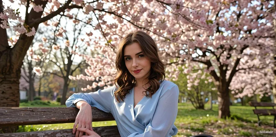 A cute girl is sitting on a bench in the park