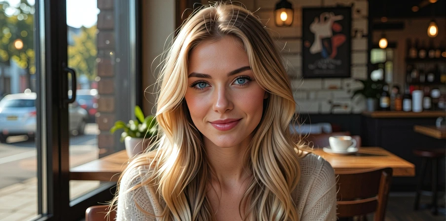 A nice girl is sitting at a table in a cafe