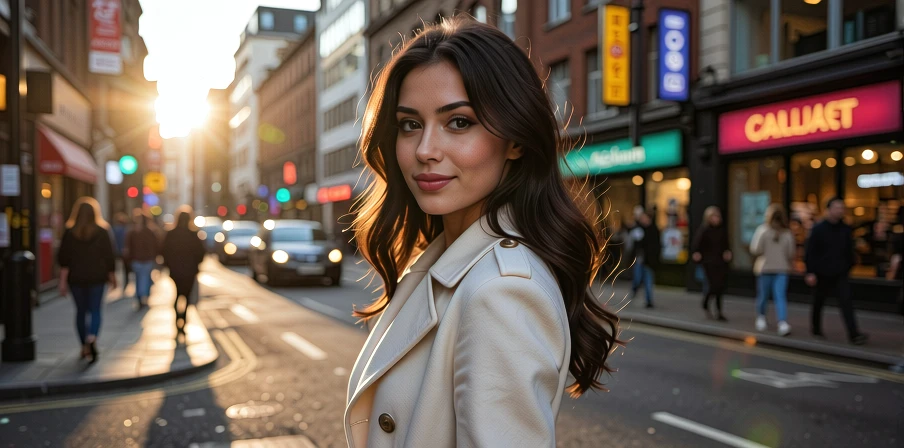 A beautiful girl walks around the city