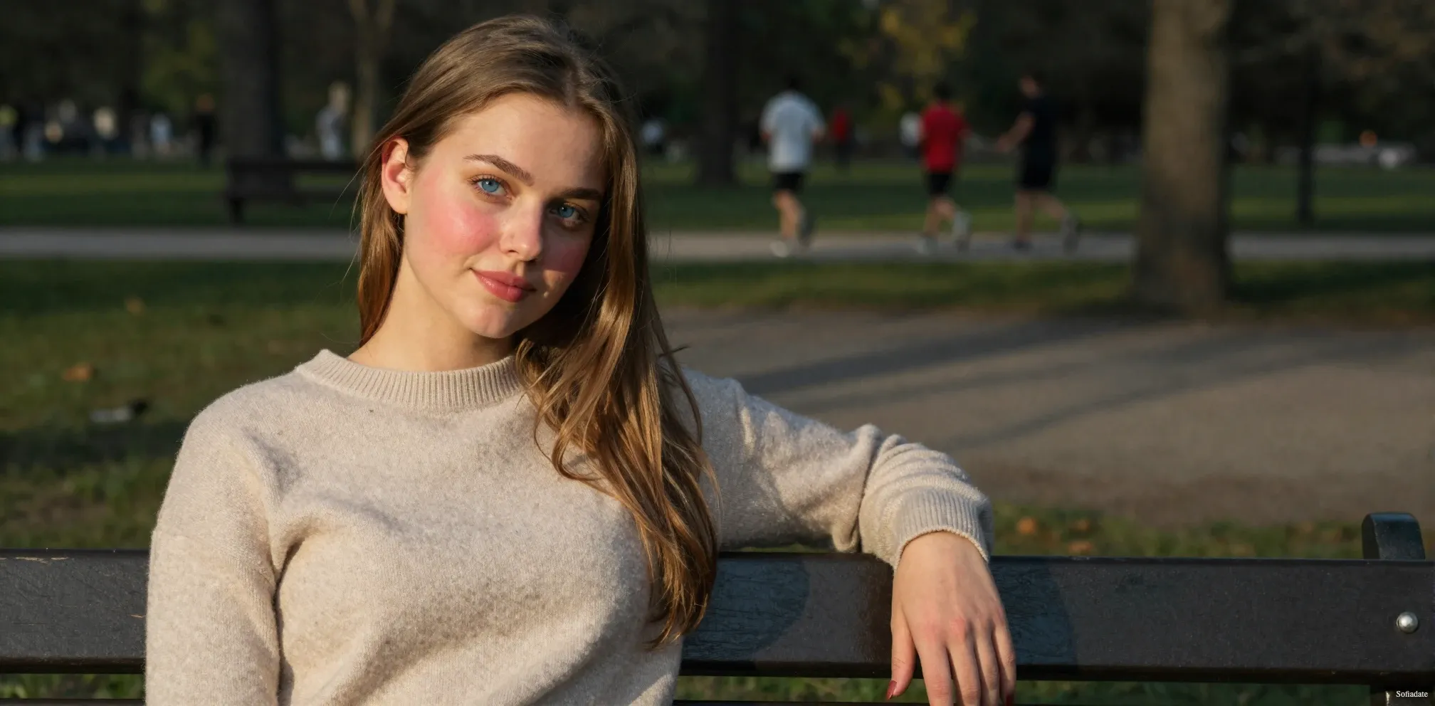 A cute girl is sitting on a bench