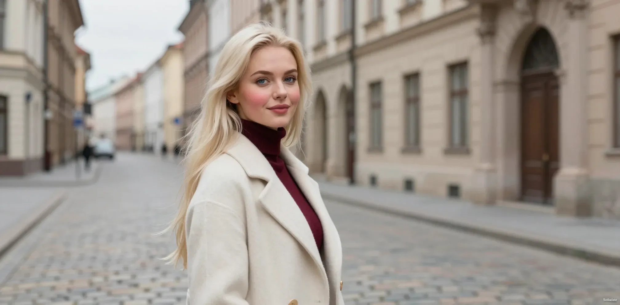 An attractive blonde walks through the streets of the city