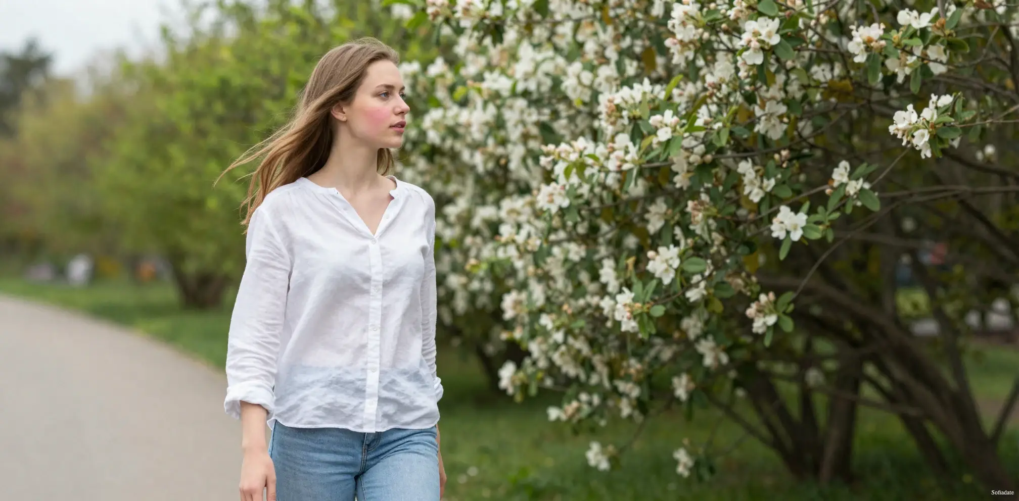 A cute girl walking in the park