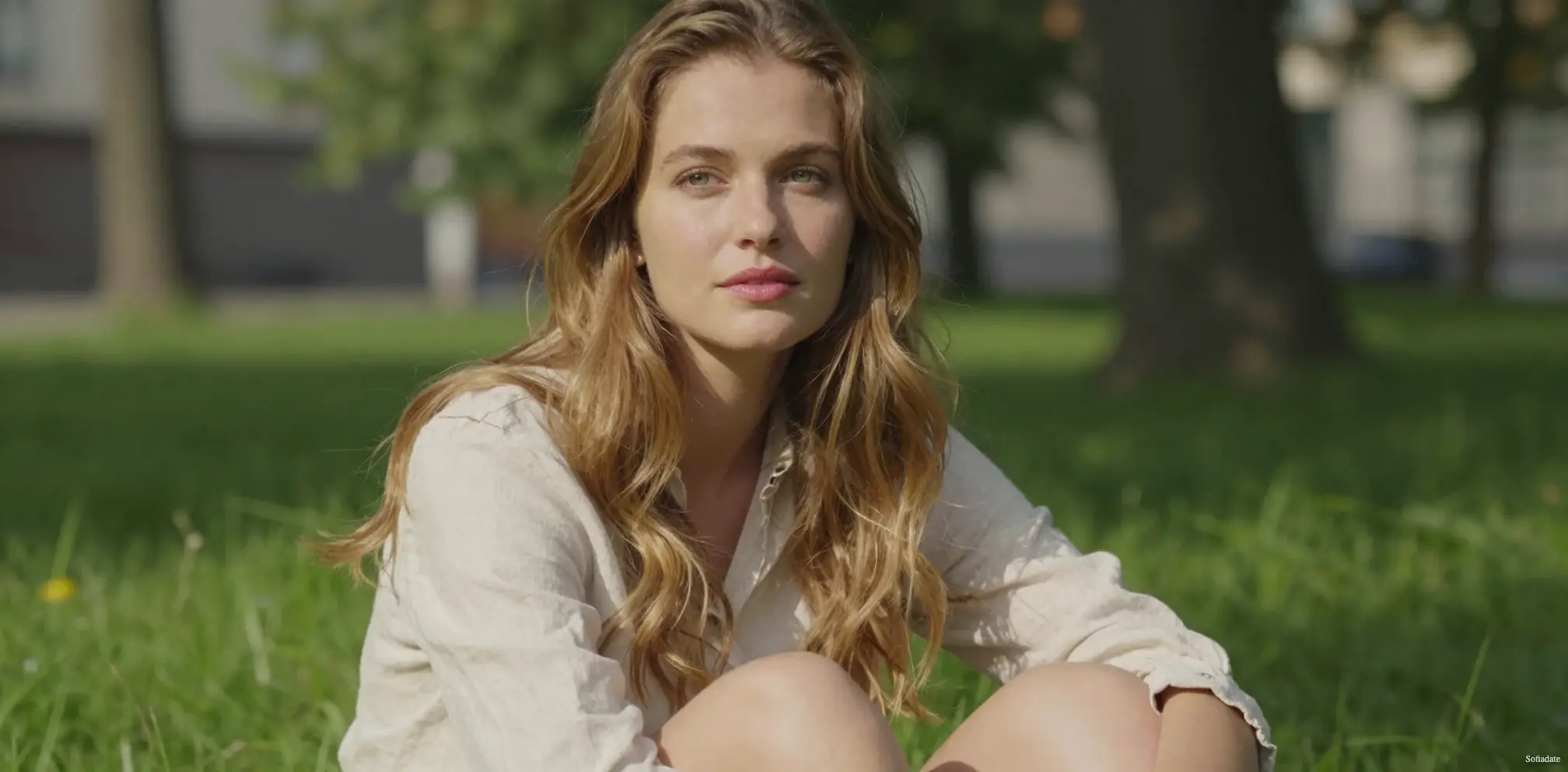 A mysterious girl sits on the lawn