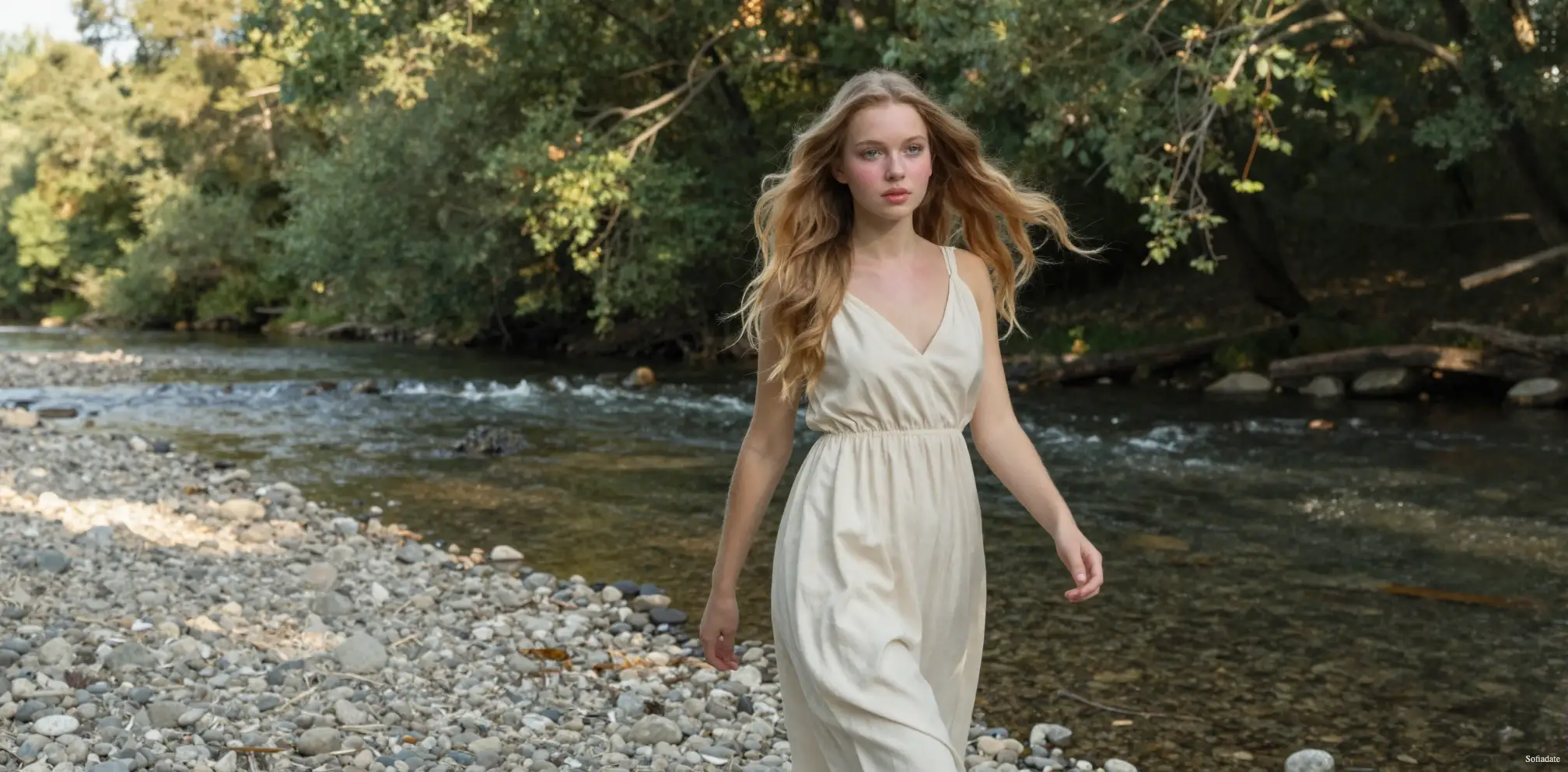 A luxurious girl walks by the river