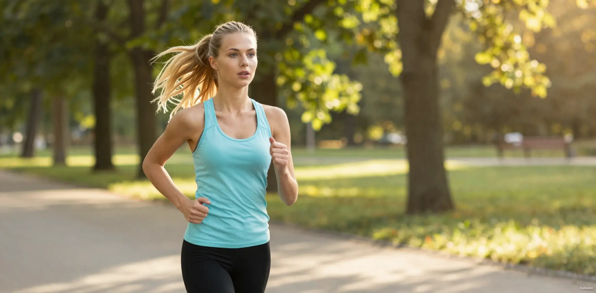 A beautiful blonde jogging in the park