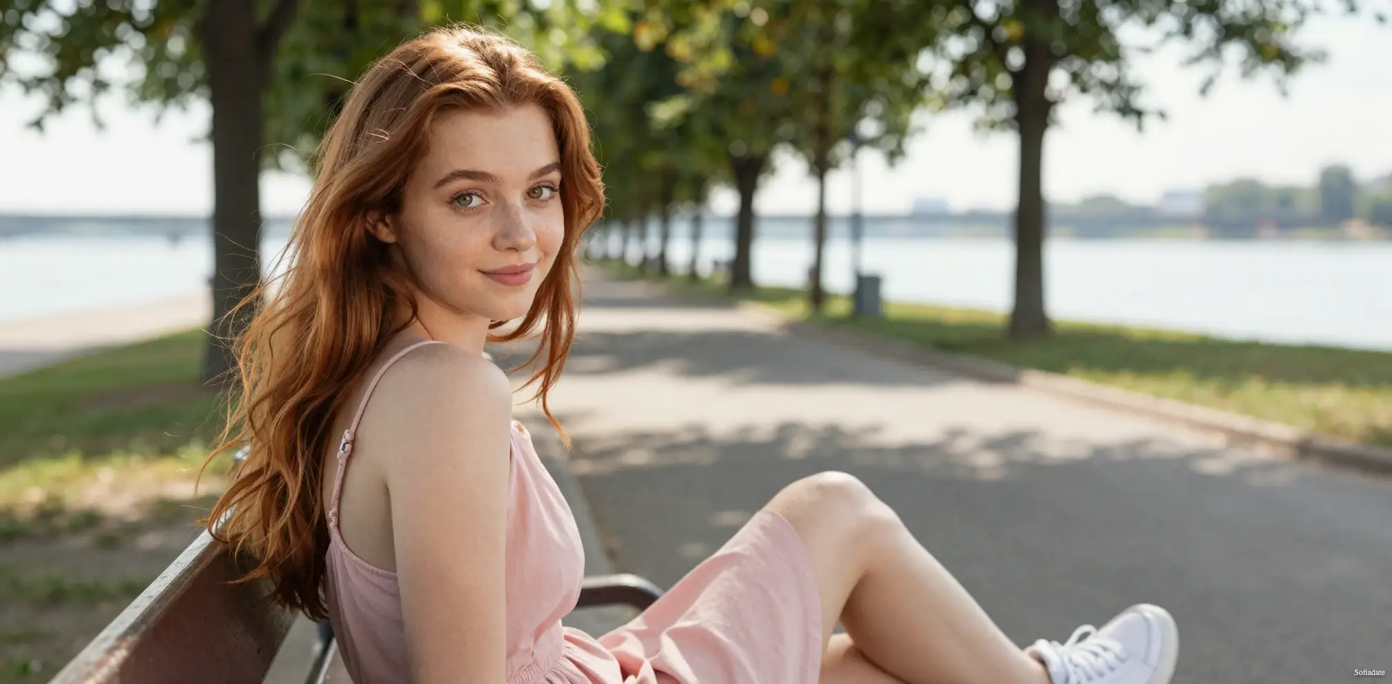 A cute girl is sitting on a bench