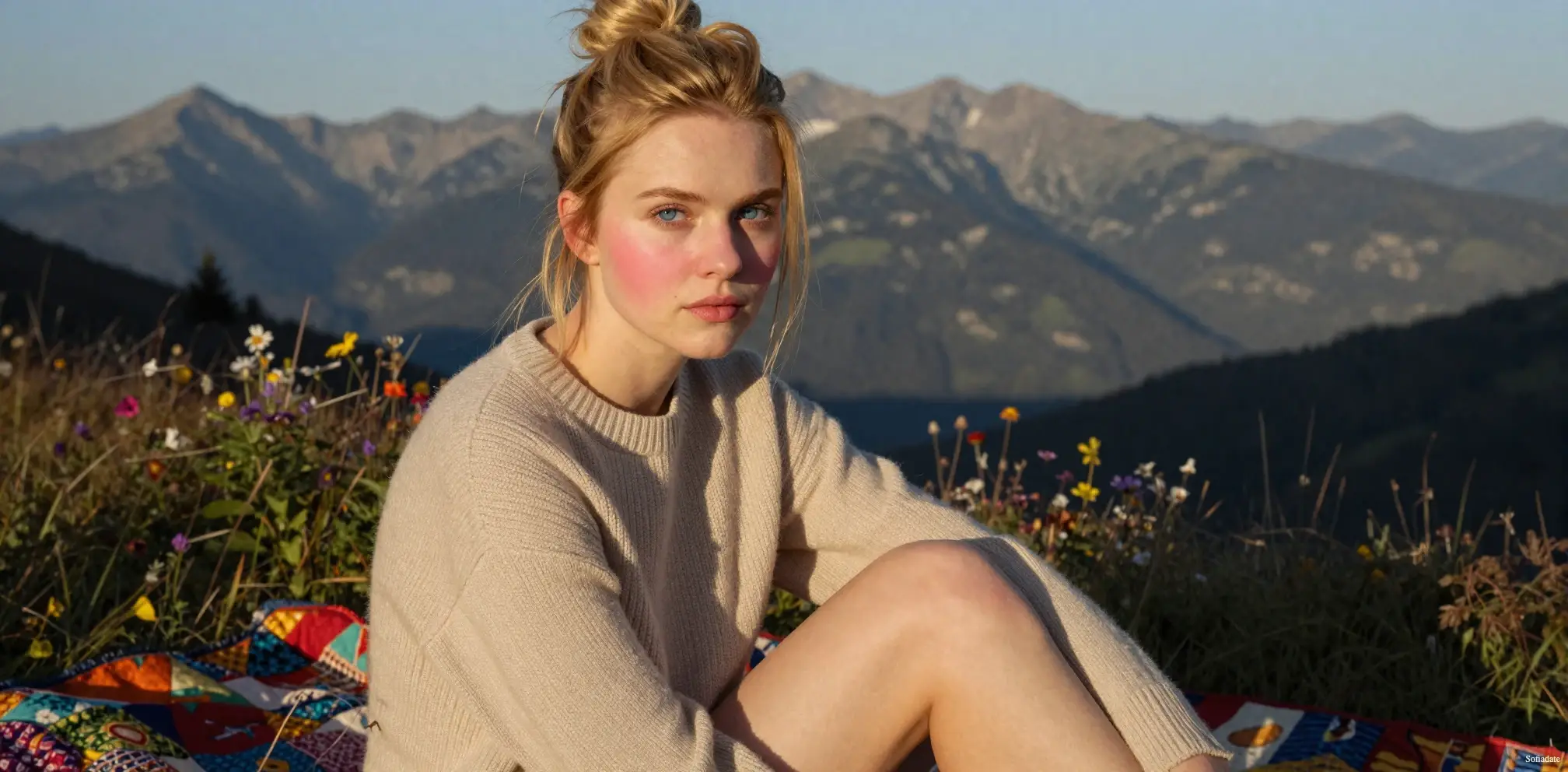 A beautiful girl sits on a sheet in the mountains