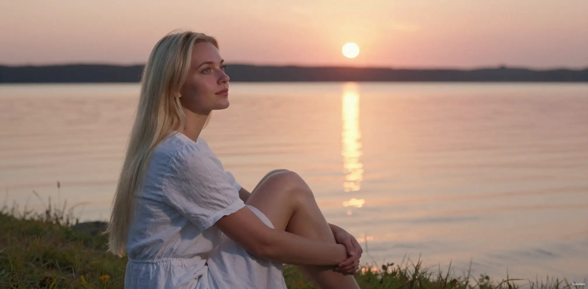 A beautiful woman on the shore of a lake
