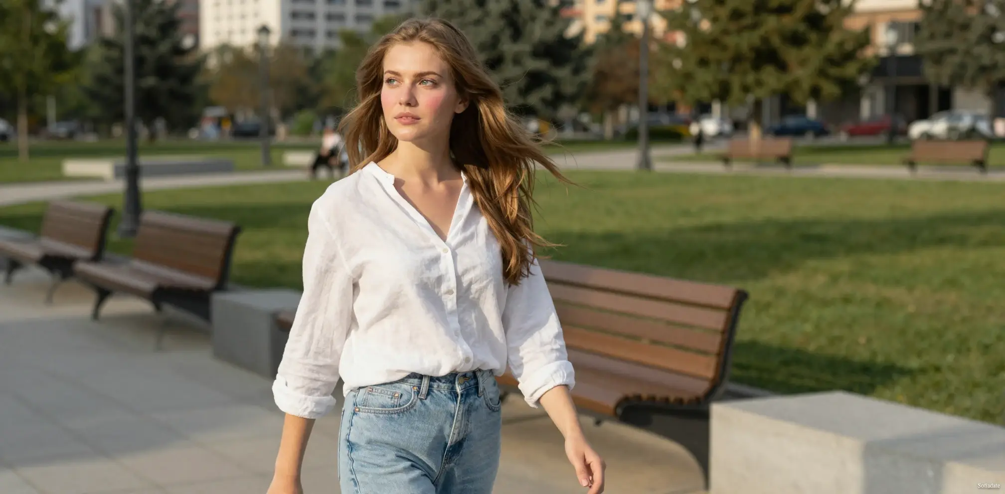 A cute girl is walking through the park