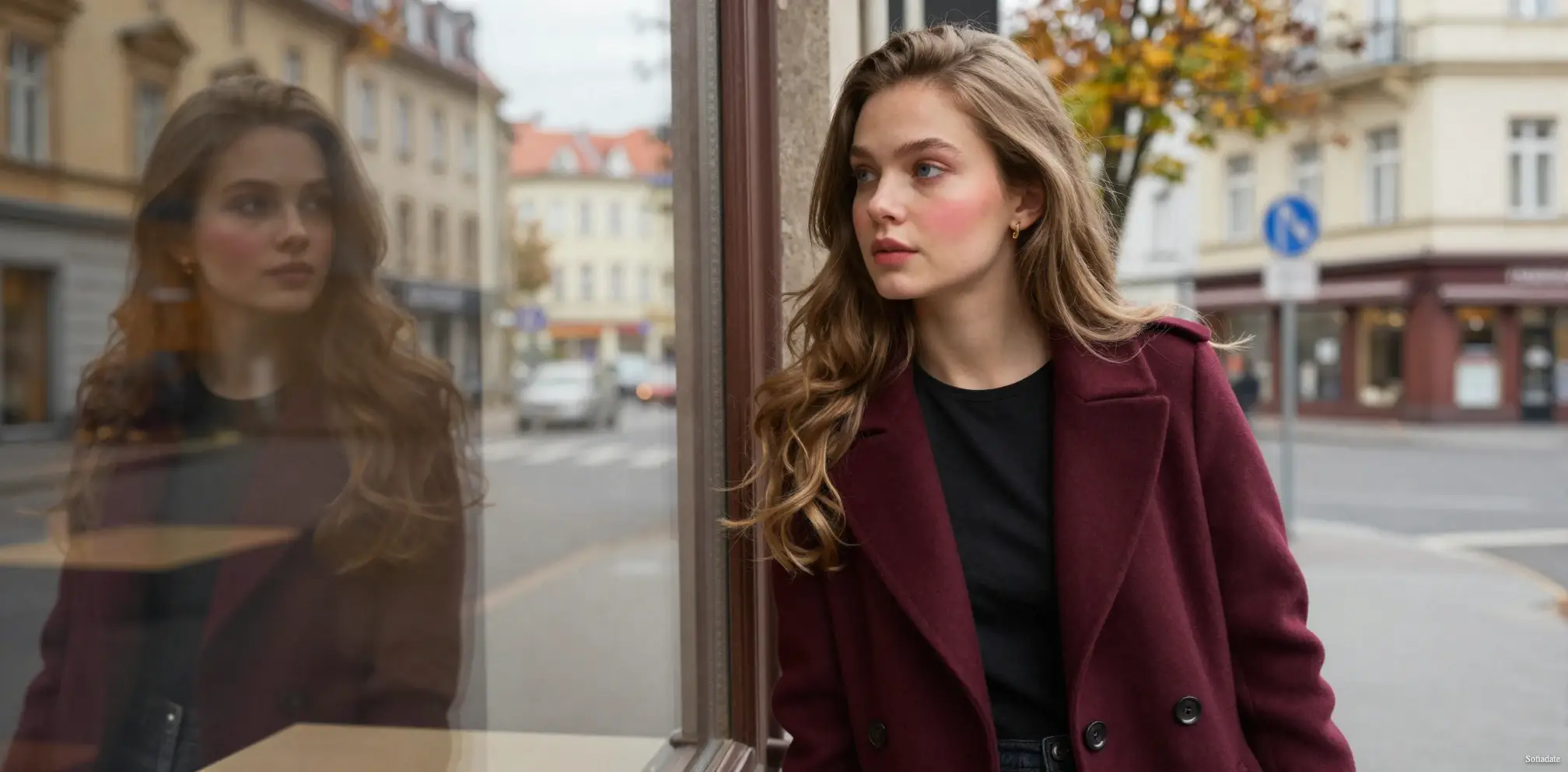 A beautiful girl looks at her reflection