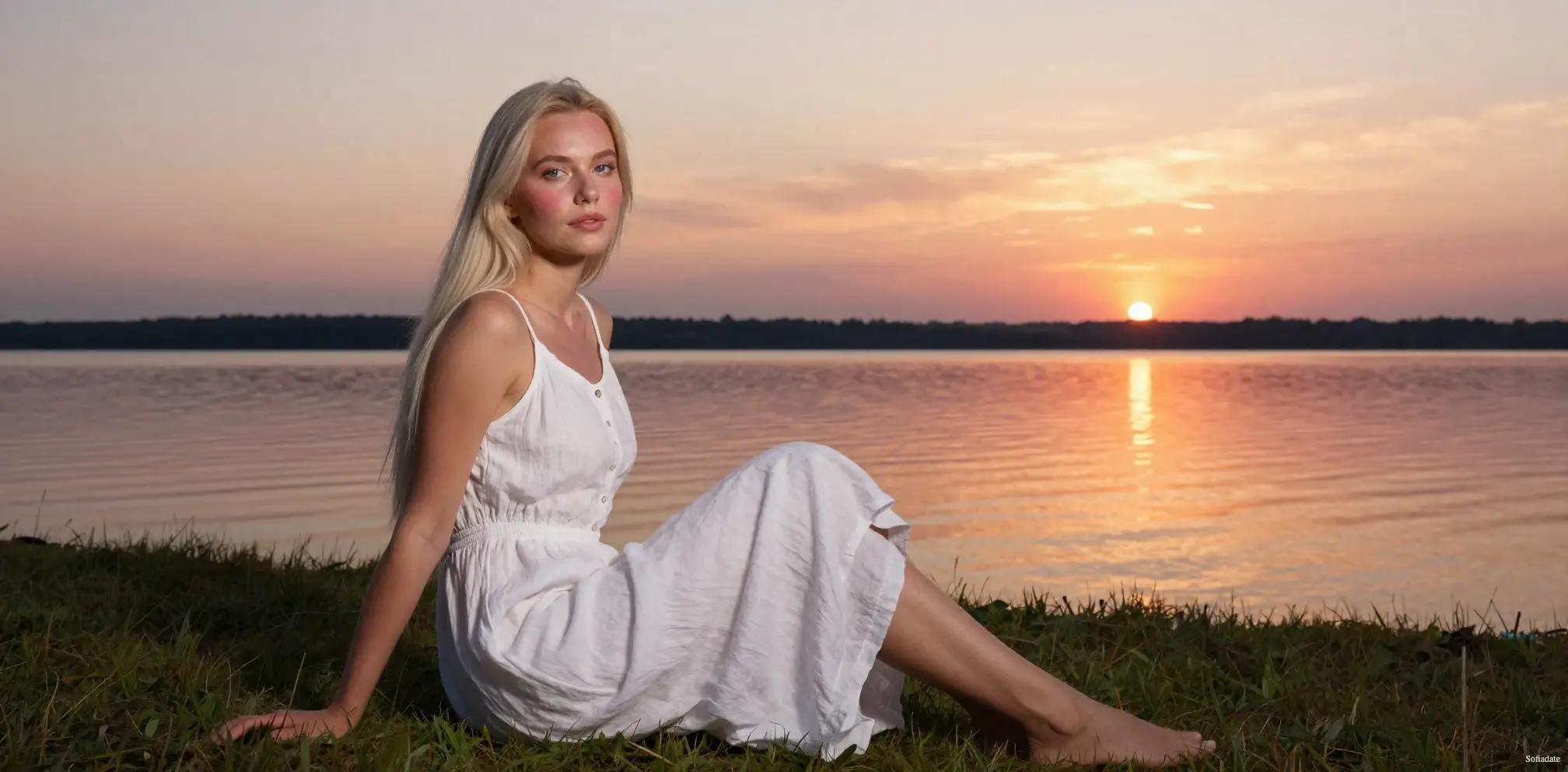 A beautiful woman sits by the river