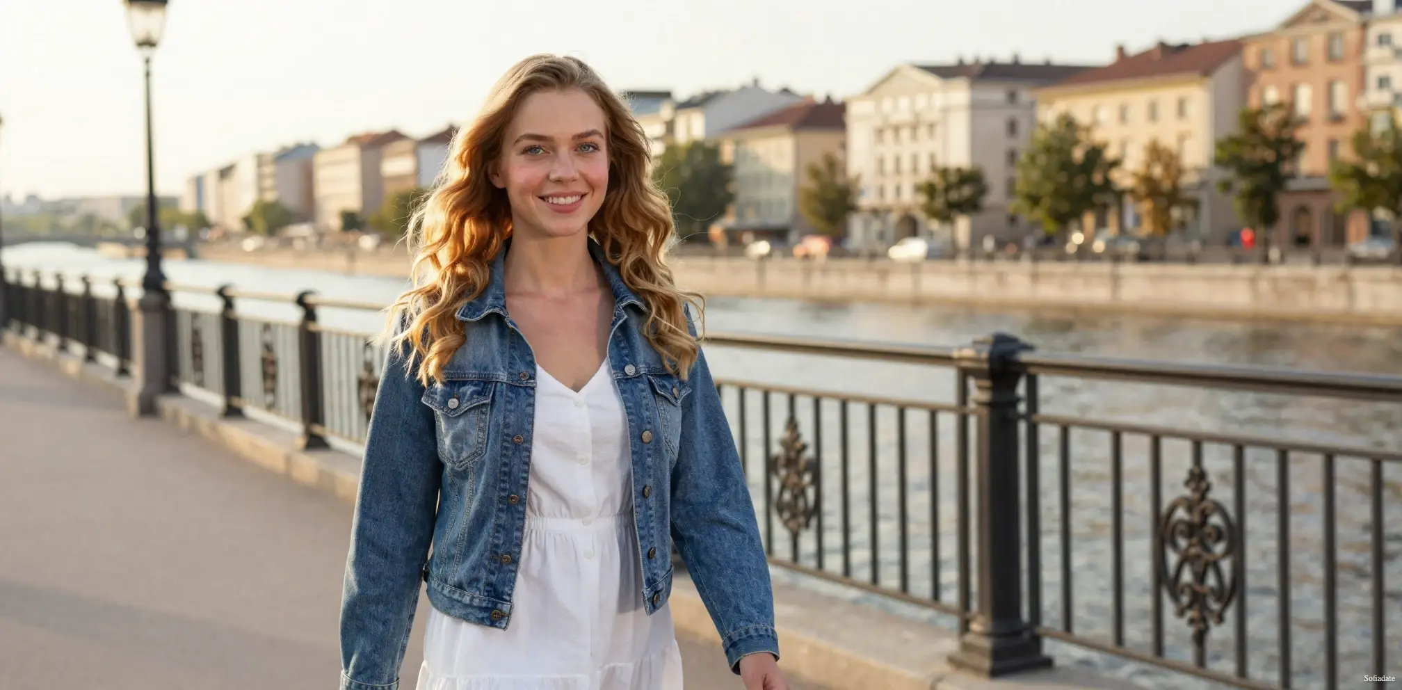 A cute girl is walking along the waterfront