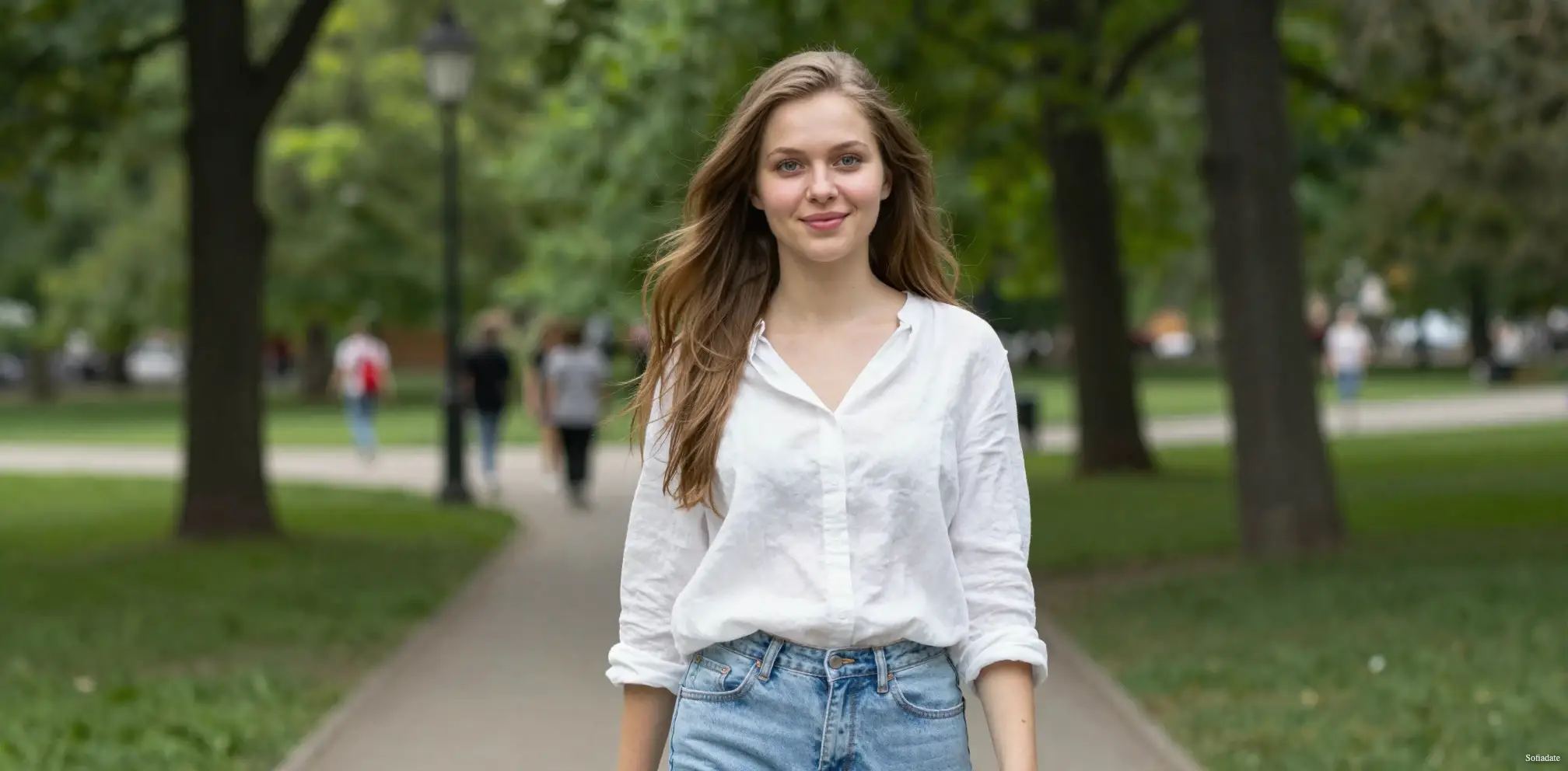 A beautiful girl is walking in the park