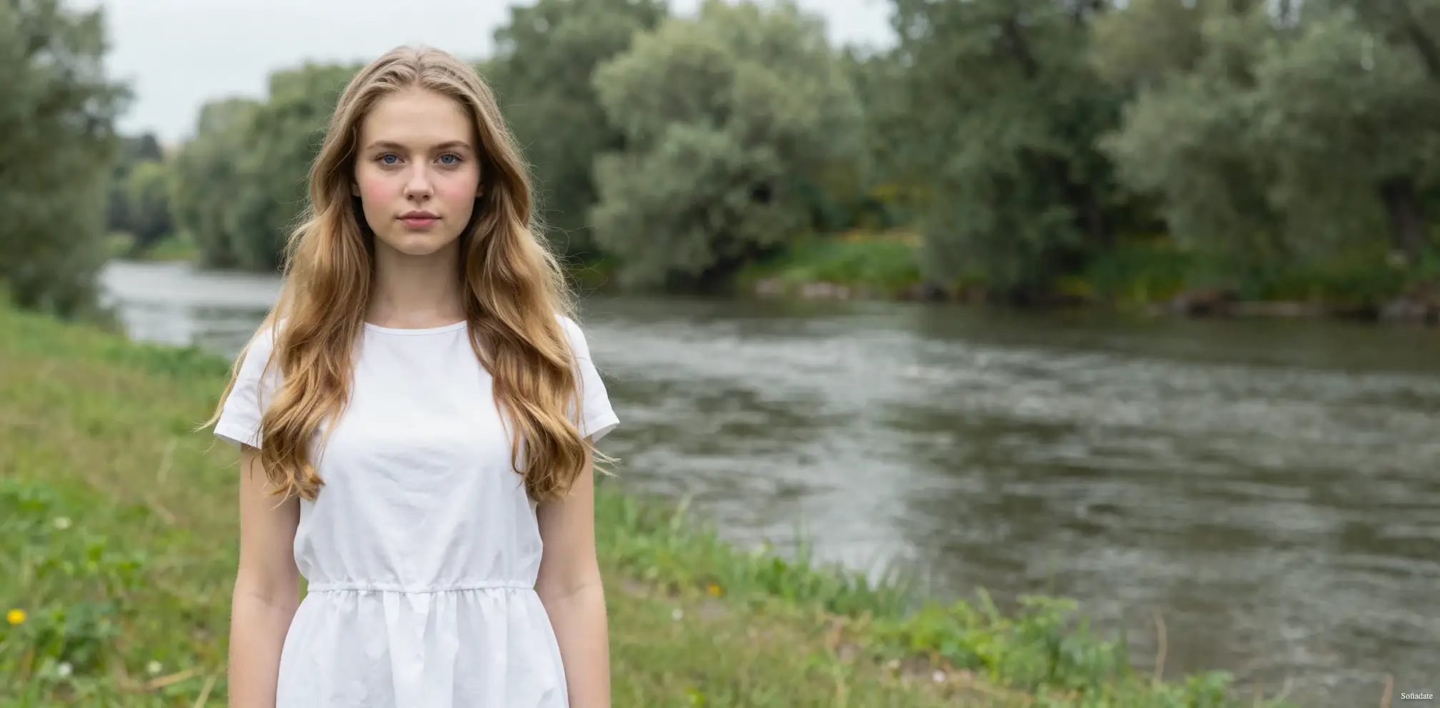 A pretty girl is standing by the river