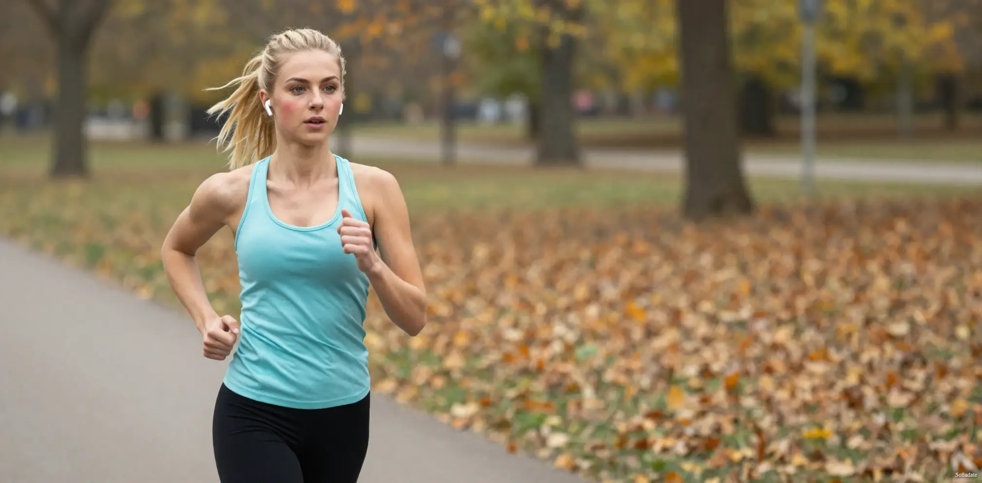 A beautiful woman is running in the park